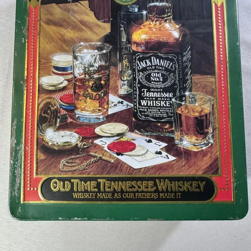 Vintage Jack Daniels Old No 7 Tennessee Whiskey Collectible Metal Tin Green Gold